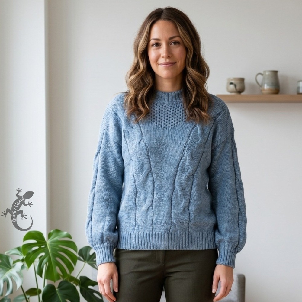 LC Lauren Conrad Sweater M Blue Metallic Cable Knit Pointelle Balloon Sleeve Top